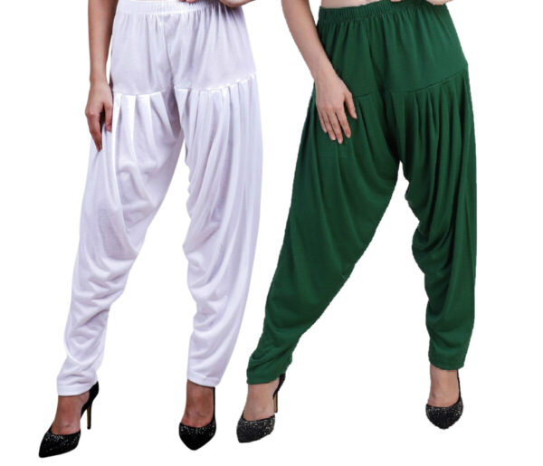 MAGILAM Viscose Solid Patiala Pants Combo 2 (White :: Pakistan Green)