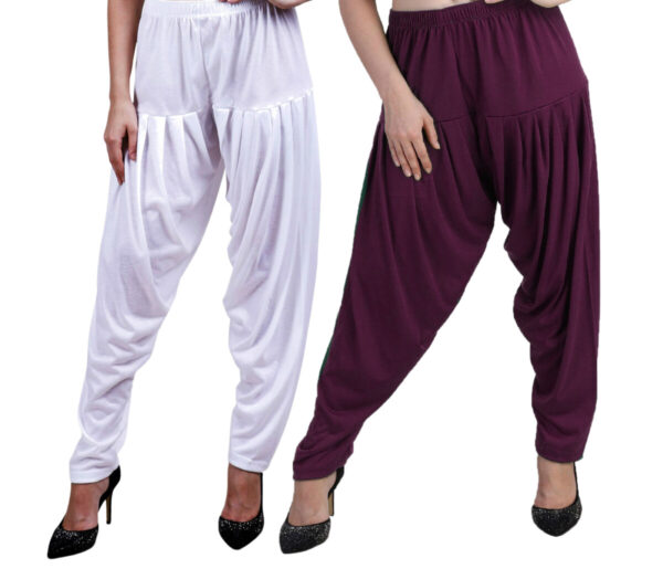 MAGILAM Viscose Solid Patiala Pants Combo 2 (White :: Dark Maroon)