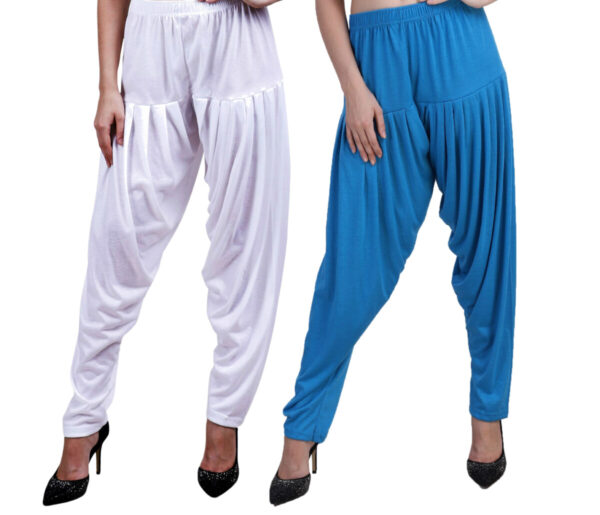 MAGILAM Viscose Solid Patiala Pants Combo 2 (White :: Turquoiese Blue)