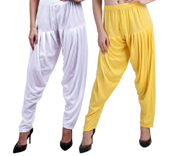 MAGILAM Viscose Solid Patiala Pants Combo 2 (White :: Yellow)