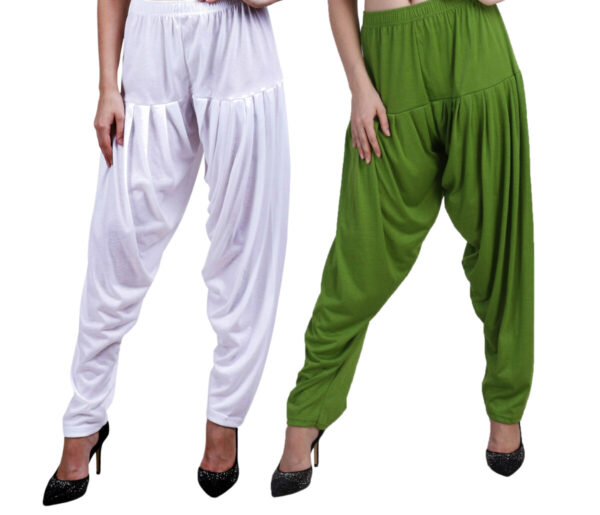 MAGILAM Viscose Solid Patiala Pants Combo 2 (White :: Pista Green)