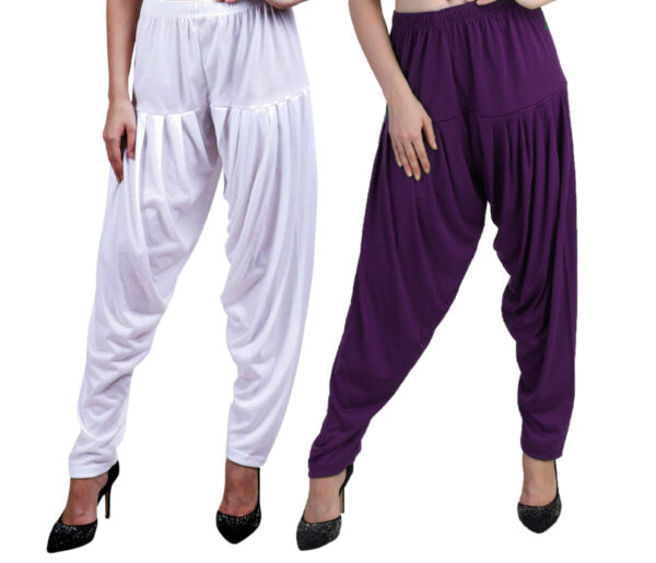 MAGILAM Viscose Solid Patiala Pants Combo 2 (White :: Dark Purple)