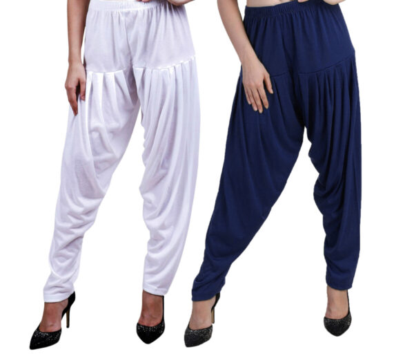 MAGILAM Viscose Solid Patiala Pants Combo 2 (White :: Navy Blue)
