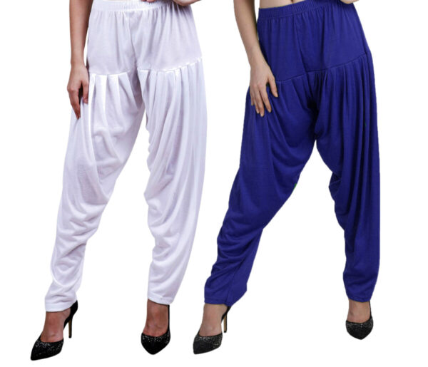 MAGILAM Viscose Solid Patiala Pants Combo 2 (White :: Royal Blue)