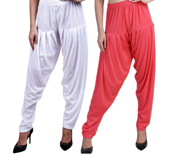 MAGILAM Viscose Solid Patiala Pants Combo 2 (White :: Dark Pink)