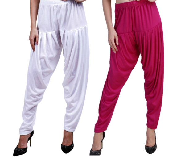 MAGILAM Viscose Solid Patiala Pants Combo 2 (White :: Deep Rani)