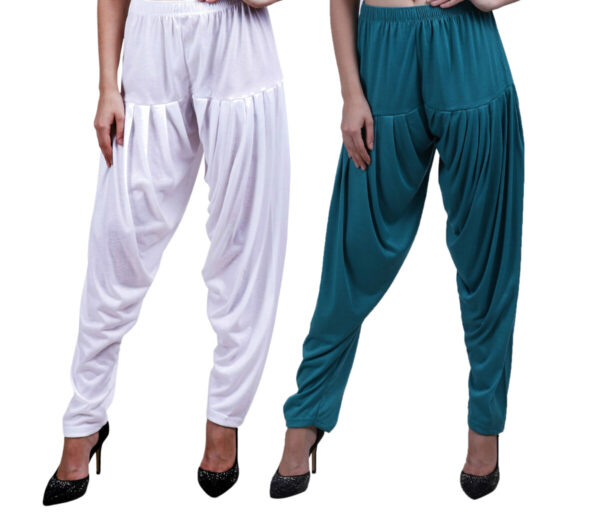 MAGILAM Viscose Solid Patiala Pants Combo 2 (White :: Peacock Blue)