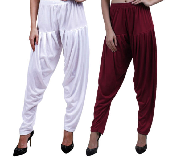 MAGILAM Viscose Solid Patiala Pants Combo 2 (White :: Maroon)