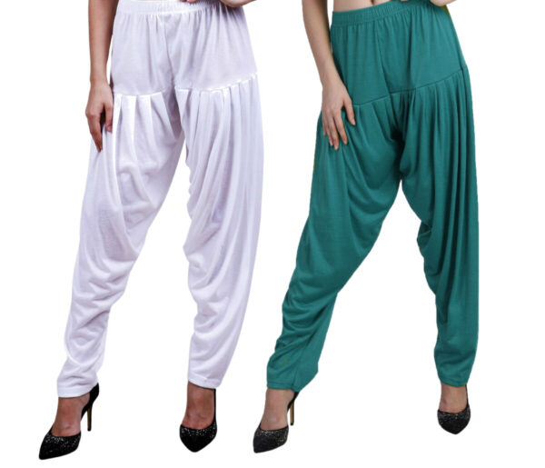 MAGILAM Viscose Solid Patiala Pants Combo 2 (White :: Z.Green)