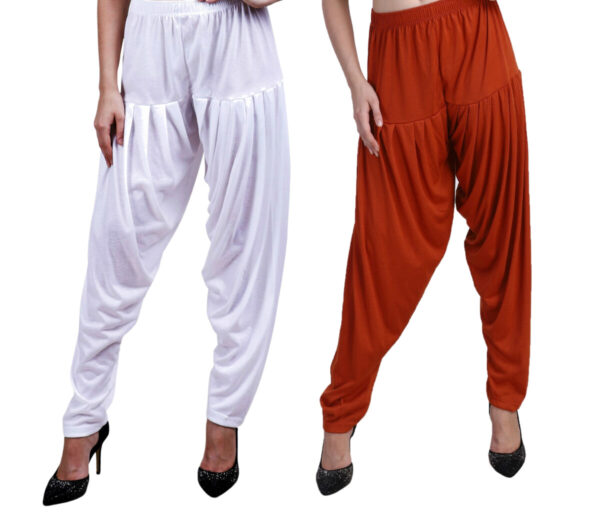 MAGILAM Viscose Solid Patiala Pants Combo 2 (White :: Rust)